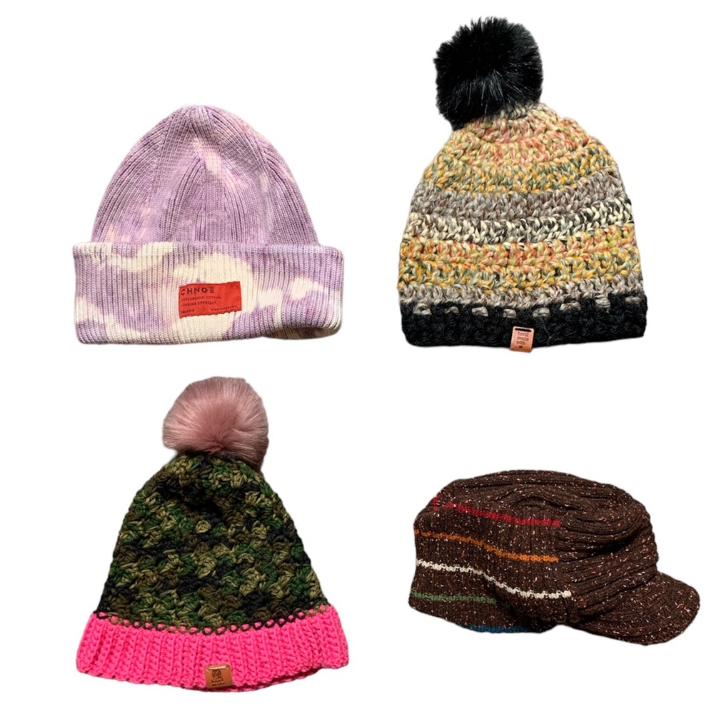 4 Winter Hats Bundle Bula CHNGE Tie Dye Handmade Crochet Beanies Knit Cap